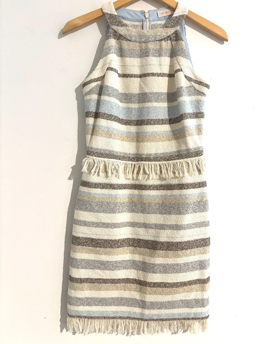 Tory Burch Sleeveless Tweed Dress Cream Grey Sky Blue Striped Fringe Trim Size 2